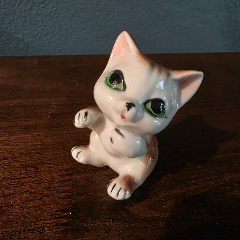 Vintage Ceramic Cat Figurine Green Eyes Kitsch Grannycore Kitten Decor MCM 1960?